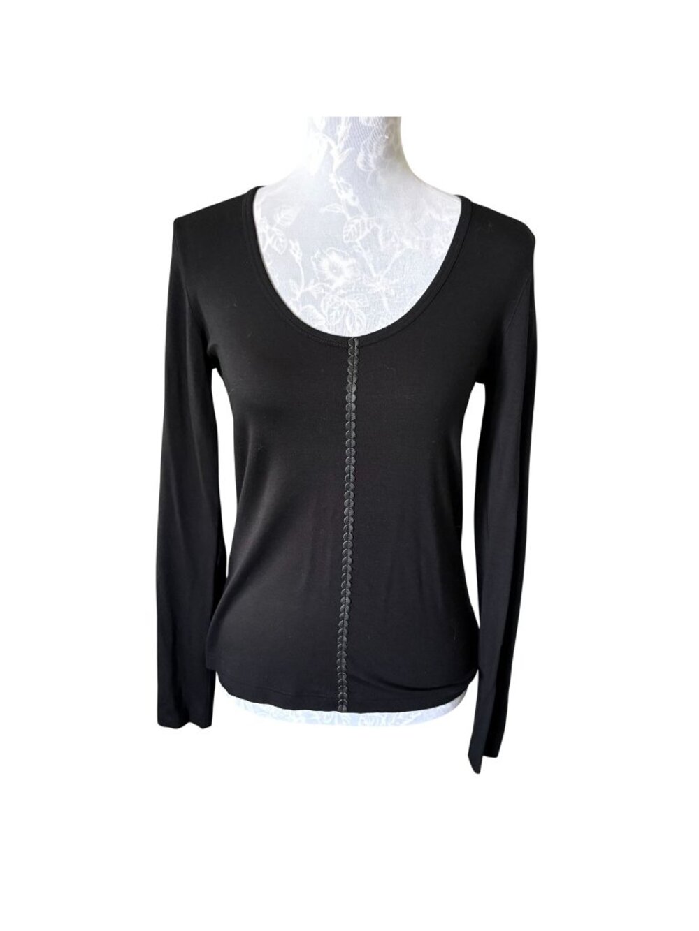 Akris Punto Black Scoop Neck Top Long Sleeve Leather Trim Size 8